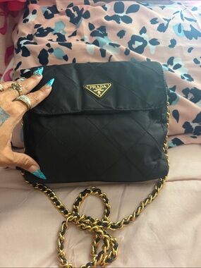 Prada Black Nylon Triangle Logo Shoulder Bag with Gold Hardware